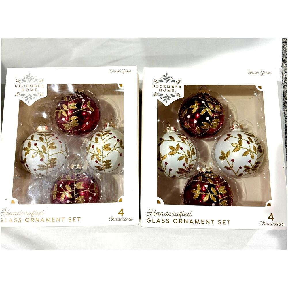 8pcs Christmas Tree Ornaments Handcrafted Glass Set, Glitter Red White Gold - Picture 2 of 6